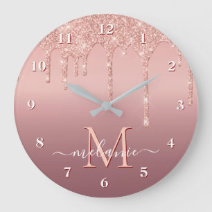 Rose Gold Glitter Clock Custom Name and Letter