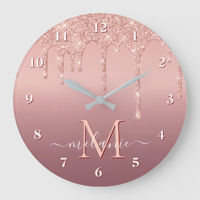 Rose Gold Glitter Clock Custom Name and Letter (Front)