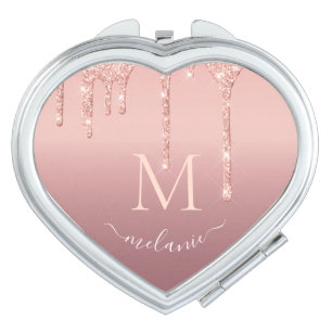 Rose Gold Glitter Compact Mirror Personalized