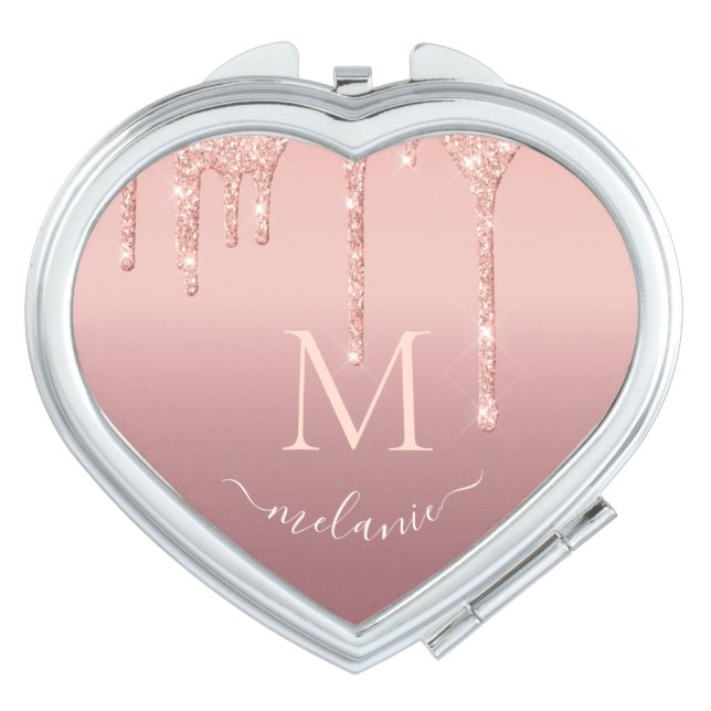 Rose Gold Glitter Compact Mirror Personalized (Front)