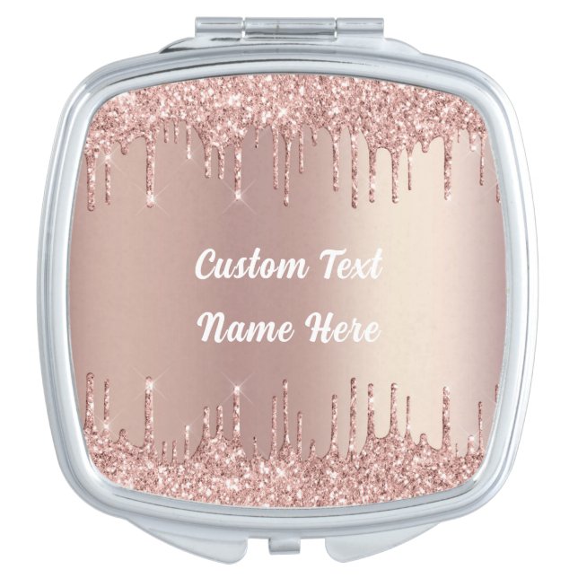 Rose Gold Glitter Compact Mirror with Custom Text (Front)