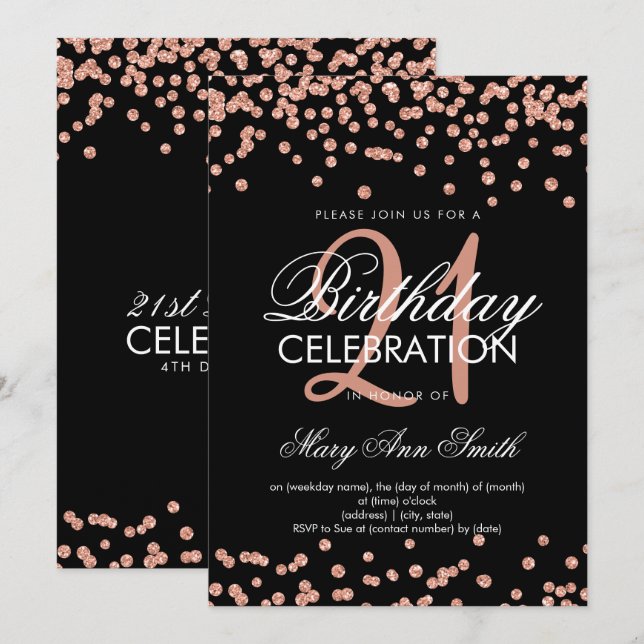 Rose Gold Glitter Confetti 21st Birthday Black Invitation (Front/Back)