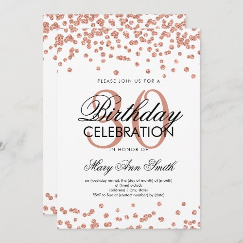 Rose Gold Glitter Confetti 30th Birthday White Invitation