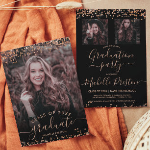 Rose gold glitter confetti 3 photo graduation invitation