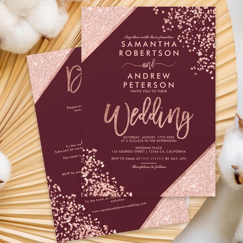 Rose gold glitter confetti all in one red wedding invitation