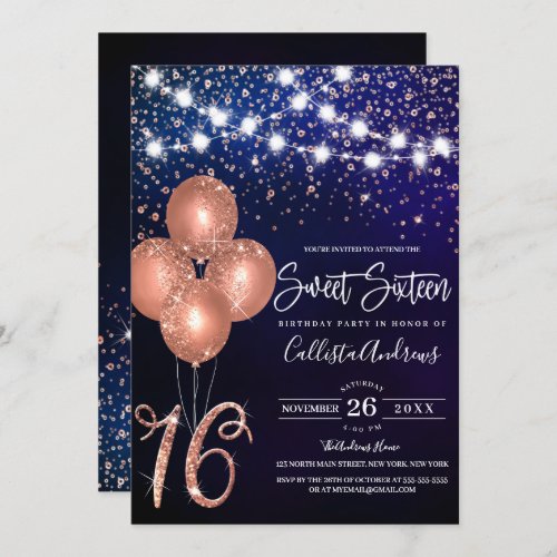 Rose Gold Glitter Confetti Balloons Light Sweet 16 Invitation