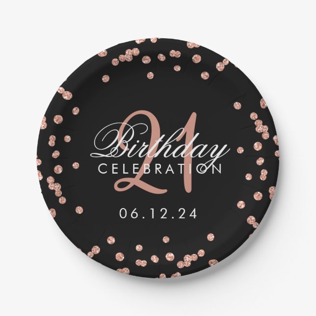 Rose Gold Glitter Confetti Black 21st Birthday Paper Plates (Front)