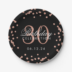 Rose Gold Glitter Confetti Black 30th Birthday Paper Plates