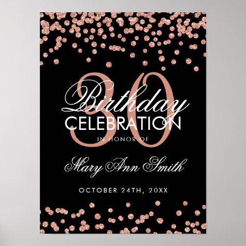 Rose Gold Glitter Confetti Black 30th Birthday Poster