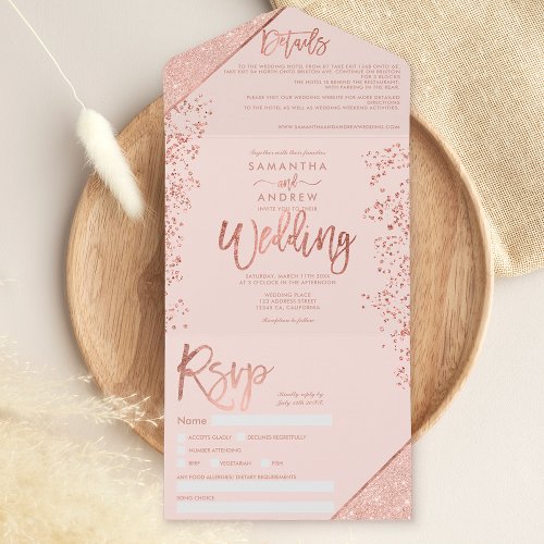 Rose gold glitter confetti blush pink chic wedding all in one invitation
