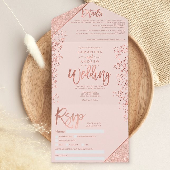 Rose gold glitter confetti blush pink chic wedding all in one invitation (Creator Uploaded)