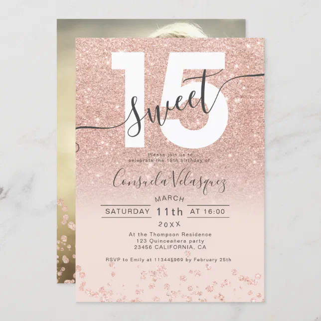 Rose gold glitter confetti blush Quinceanera photo Invitation | Zazzle