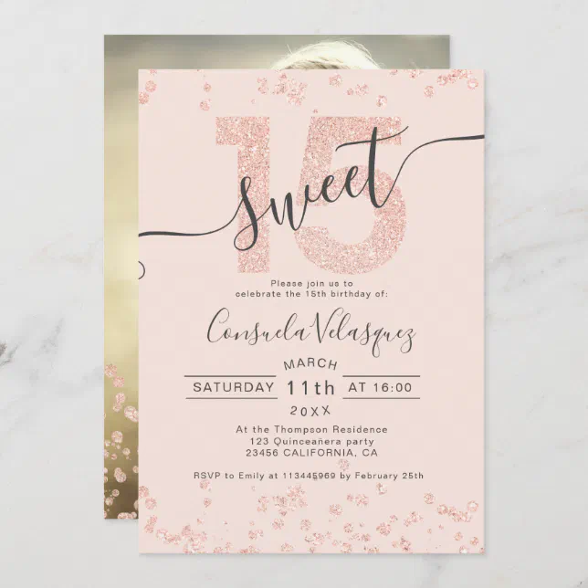 Rose gold glitter confetti blush Quinceanera photo Invitation | Zazzle