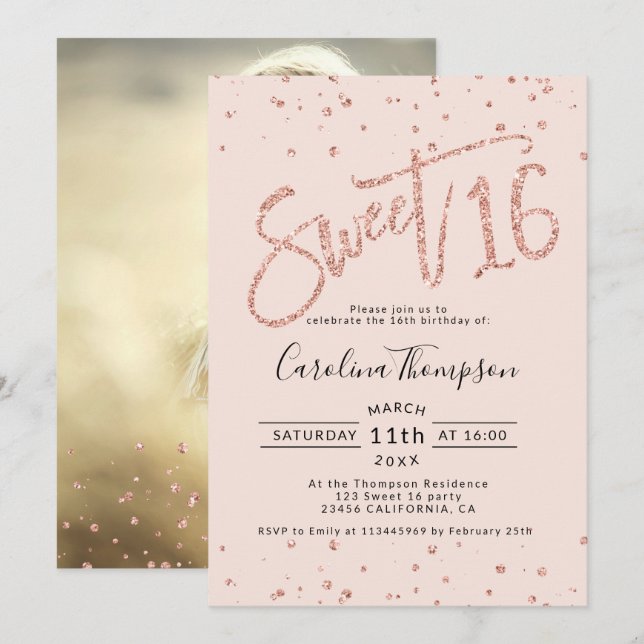 Rose gold glitter confetti blush Sweet 16 photo Invitation (Front/Back)