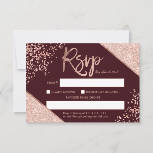 Rose gold glitter confetti burgundy rsvp wedding invitation