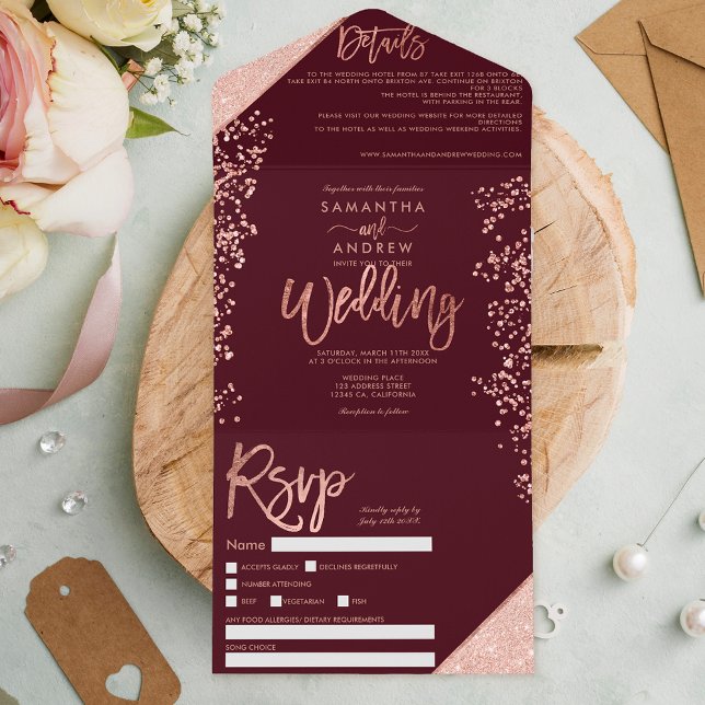 Rose gold glitter confetti burgundy wedding all in one invitation (Creator Uploaded)