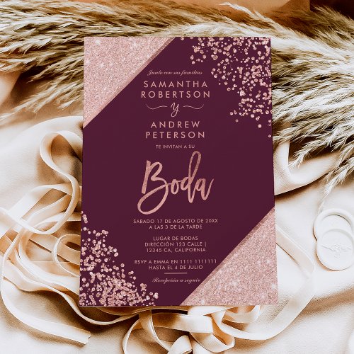 Rose gold glitter confetti burgundy wedding invitation