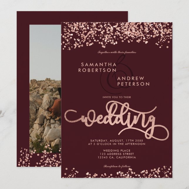 Rose gold glitter confetti burgundy wedding photo invitation (Front/Back)