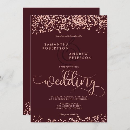 Rose gold glitter confetti burgundy wedding photo invitation