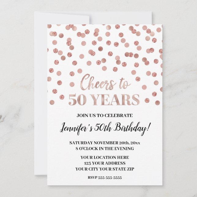 Rose Gold Glitter Confetti Cheers to 50 Years Invitation (Back)