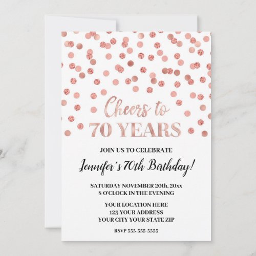 Rose Gold Glitter Confetti Cheers to 70 Years Invitation