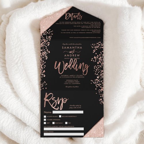 Rose gold glitter confetti chic black wedding all in one invitation