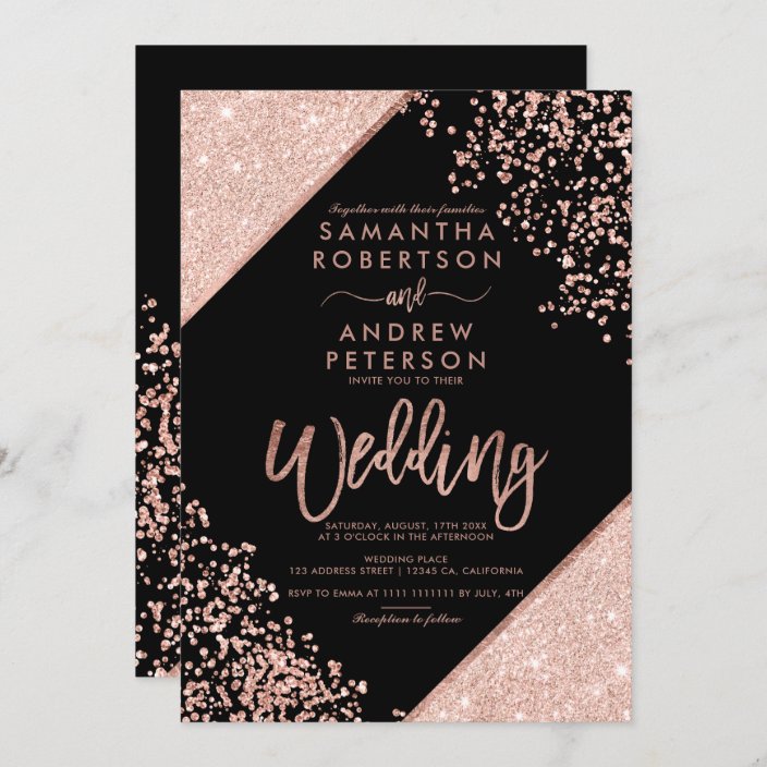 Rose gold glitter confetti chic black wedding invitation | Zazzle