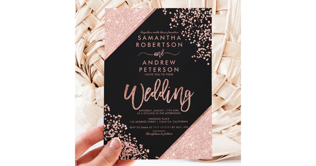 Rose gold glitter confetti chic black wedding invitation | Zazzle