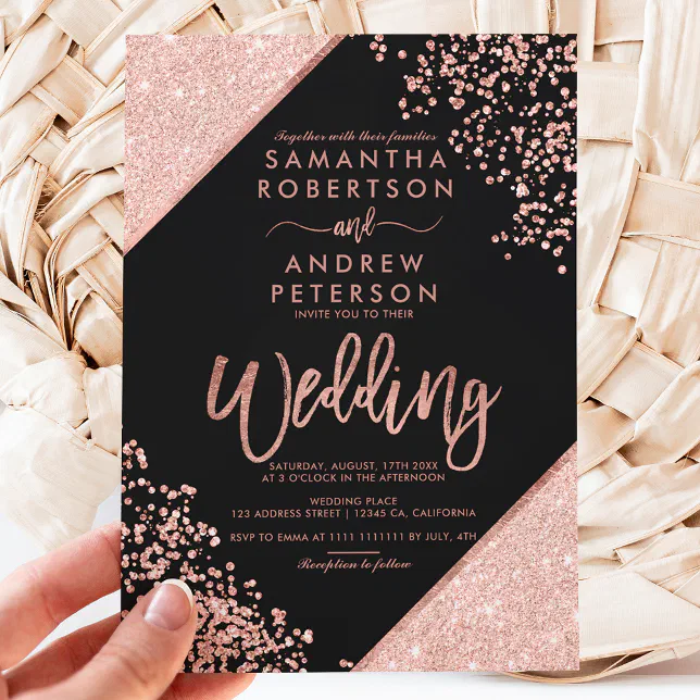 Rose gold glitter confetti chic black wedding invitation | Zazzle