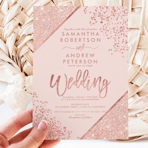 Rose gold glitter confetti chic blush pink wedding invitation