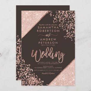 Rose gold glitter confetti chic brown wedding invitation