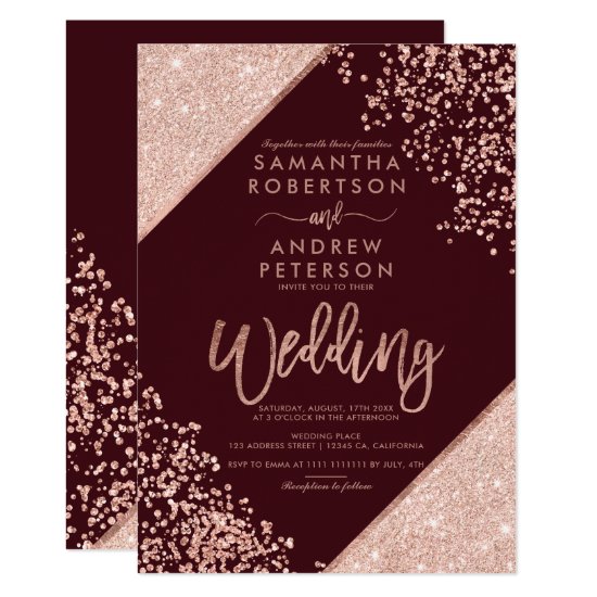 Rose gold glitter confetti chic burgundy wedding invitation