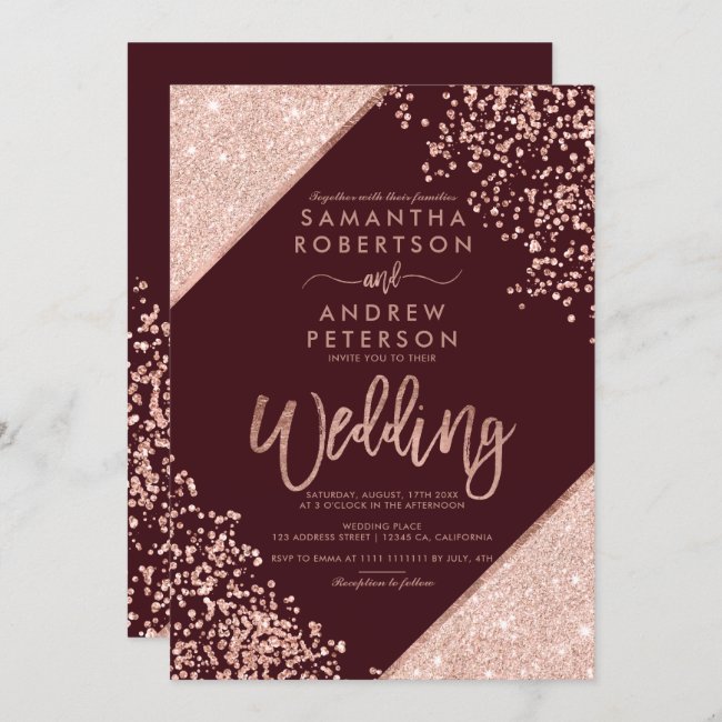 Rose gold glitter confetti chic burgundy wedding invitation