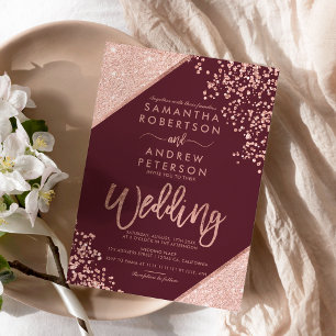 Rose gold glitter confetti chic burgundy wedding invitation