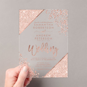 Rose gold glitter confetti Chic clear wedding Acrylic Invitations