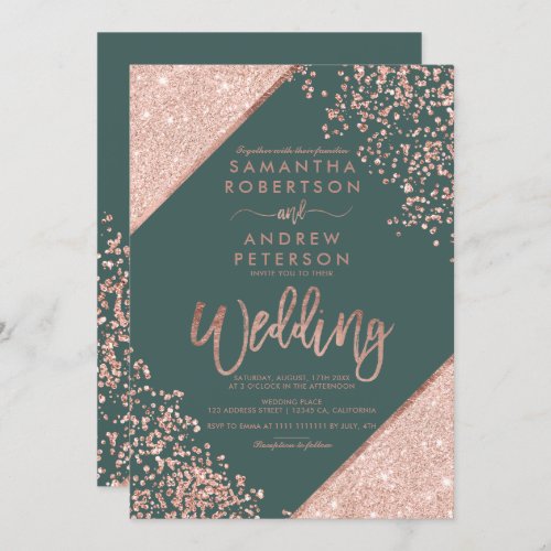 Rose gold glitter confetti chic dark aqua wedding invitation