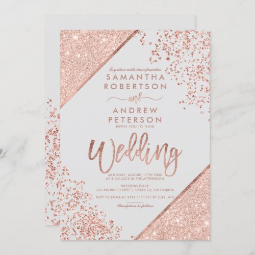 Rose gold glitter confetti chic gray wedding invitation