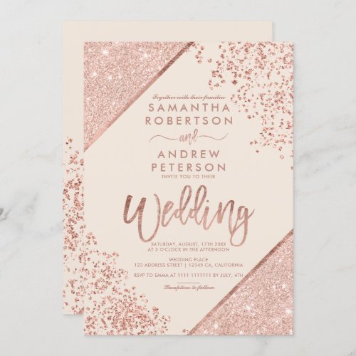 Rose gold glitter confetti chic ivory wedding invitation