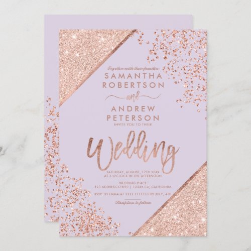 Rose gold glitter confetti chic lavender wedding invitation