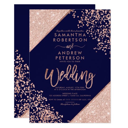 Rose Gold Glitter Confetti Chic Navy Blue Wedding Invitation
