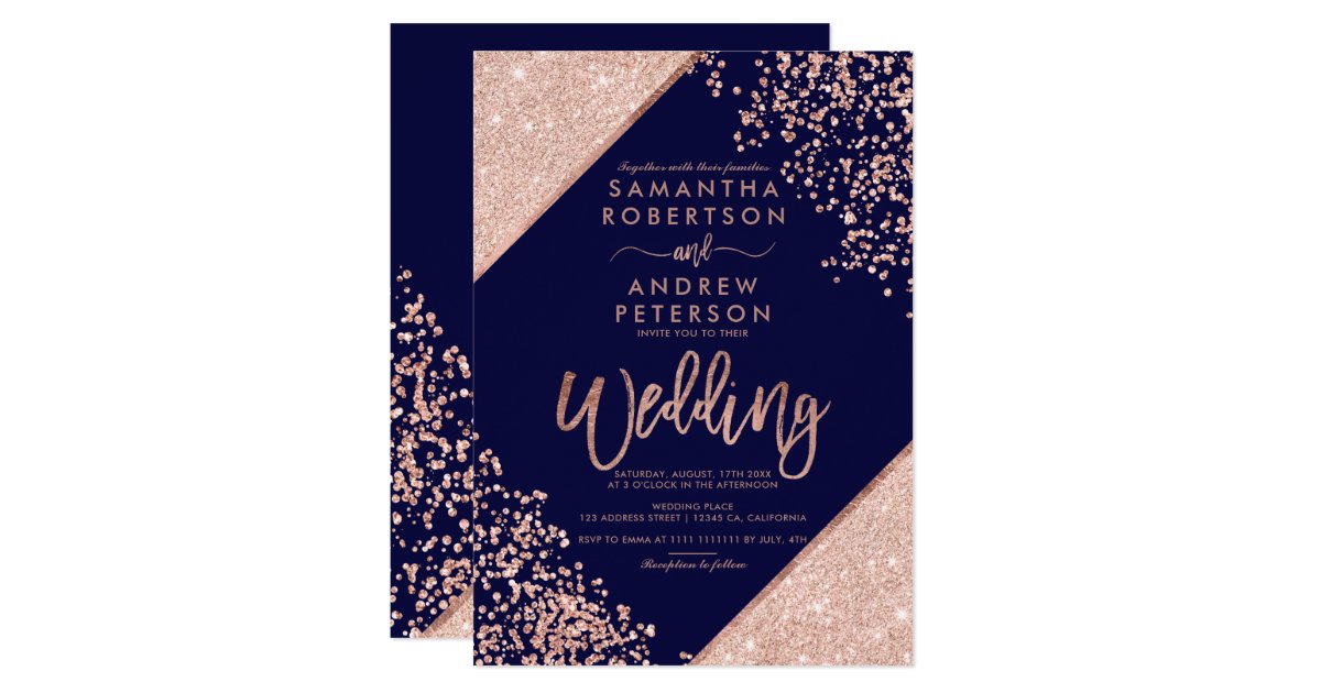 Rose gold glitter confetti chic navy blue wedding invitation | Zazzle.com