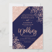 Rose gold glitter confetti chic navy blue wedding invitation (Front)