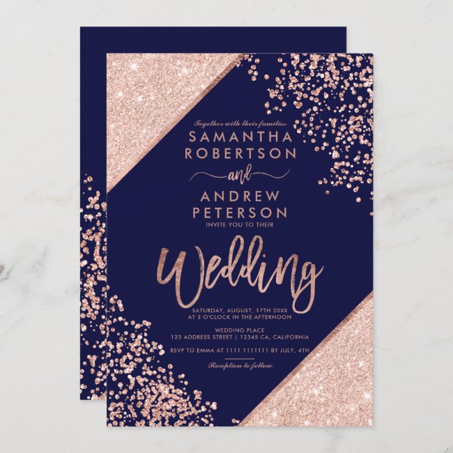 Rose gold glitter confetti chic navy blue wedding invitation