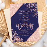 Rose gold glitter confetti chic navy blue wedding invitation<br><div class="desc">Rose Gold glitter confetti and color block typography on customizable navy blue and faux rose gold geometric stripes chic wedding ,  perfect for elegant,  luxurious wedding, </div>