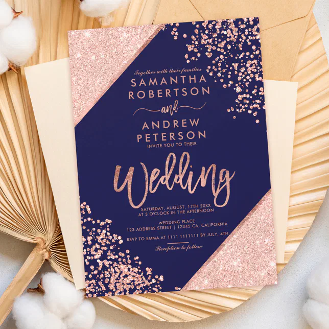 Rose gold glitter confetti chic navy blue wedding invitation | Zazzle