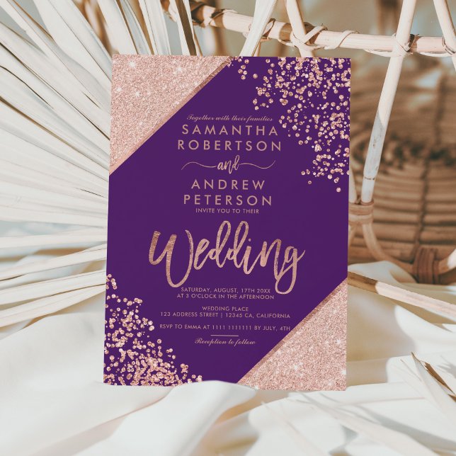Rose gold glitter confetti chic purple wedding invitation
