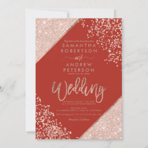 Rose gold glitter confetti chic red wedding invitation