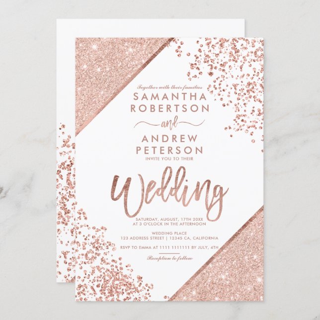 Rose gold glitter confetti chic white wedding invitation (Front/Back)