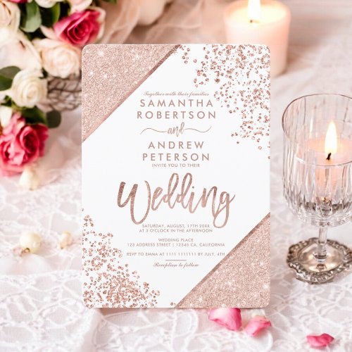 Rose gold glitter confetti chic white wedding invitation