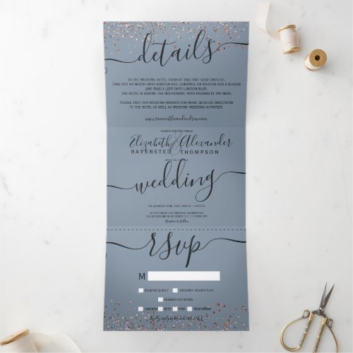 Rose gold glitter confetti dusty blue chic wedding Tri_Fold invitation